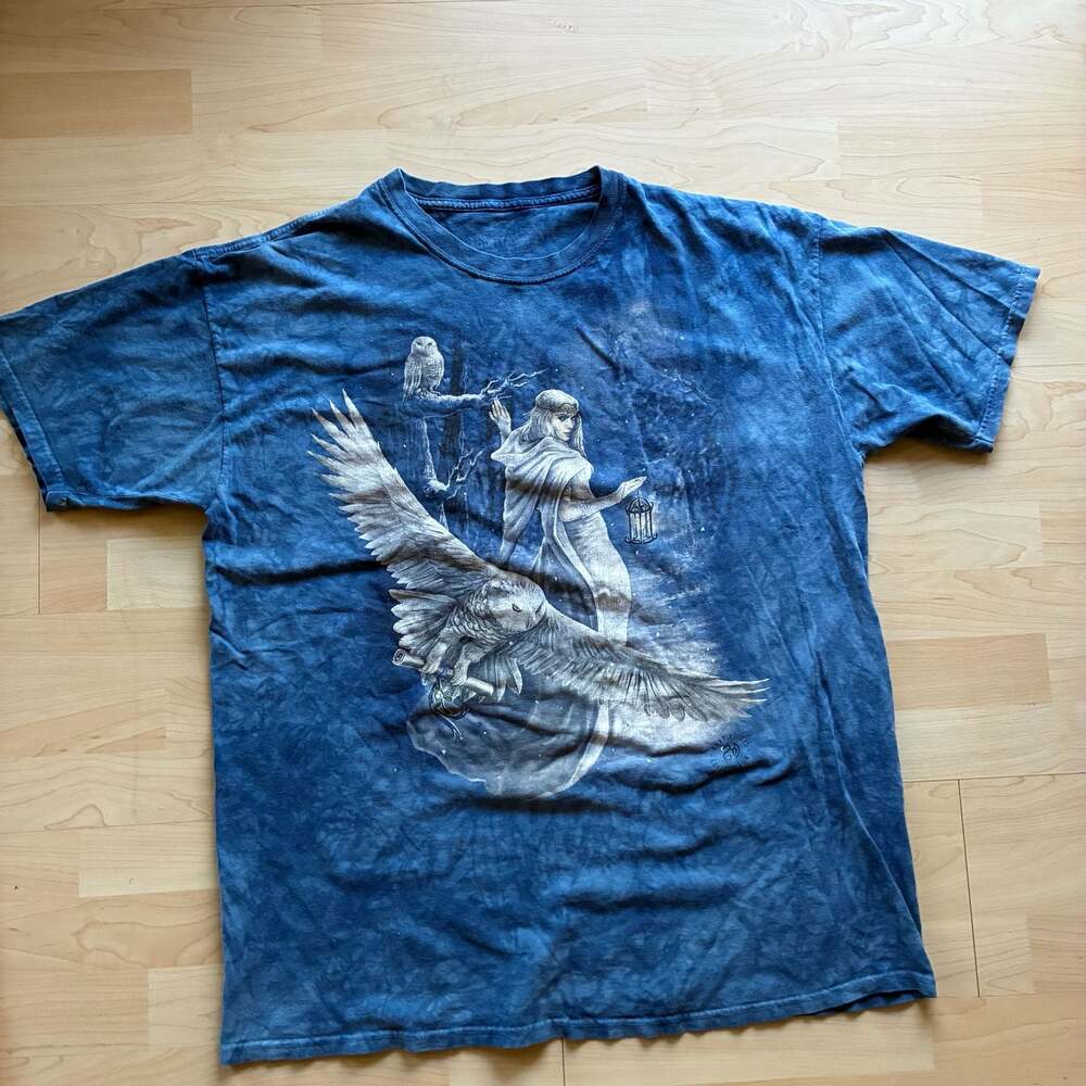 The Mountain Anne Stokes Collection Fantasy Art Owl Blue Tie Dye T-Shirt 2XL